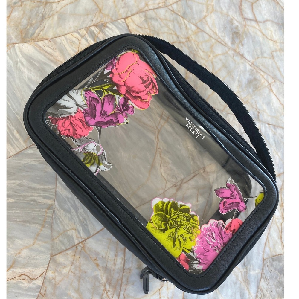 Victorias Secret Floral Clear Makeup Bag Black Trim Travel Cosmetic Pouch - Picture 2 of 13